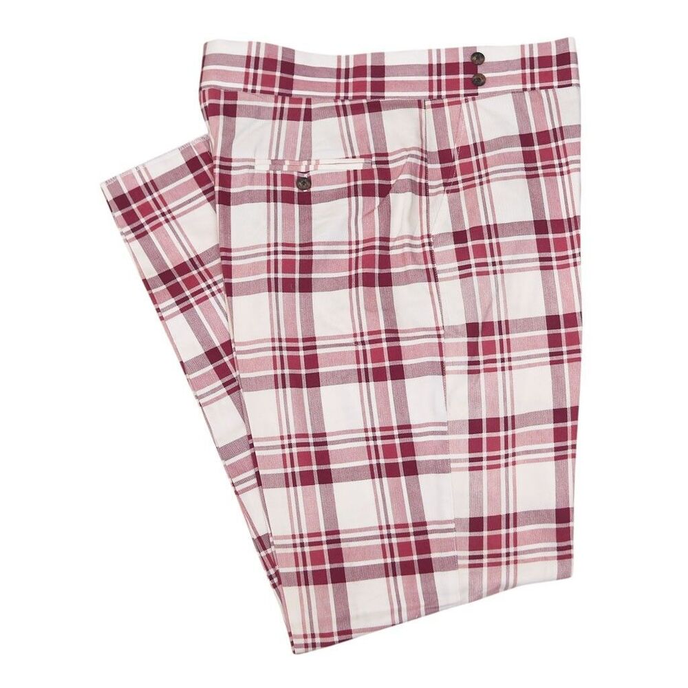 Mens Gurkha Pants 38 Red White Plaid Cotton Straight Fit Flat Front Trousers